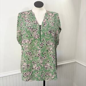 Torrid Size 1X Top Georgette Zip Front Dolman Blouse Green Pink Floral Popover